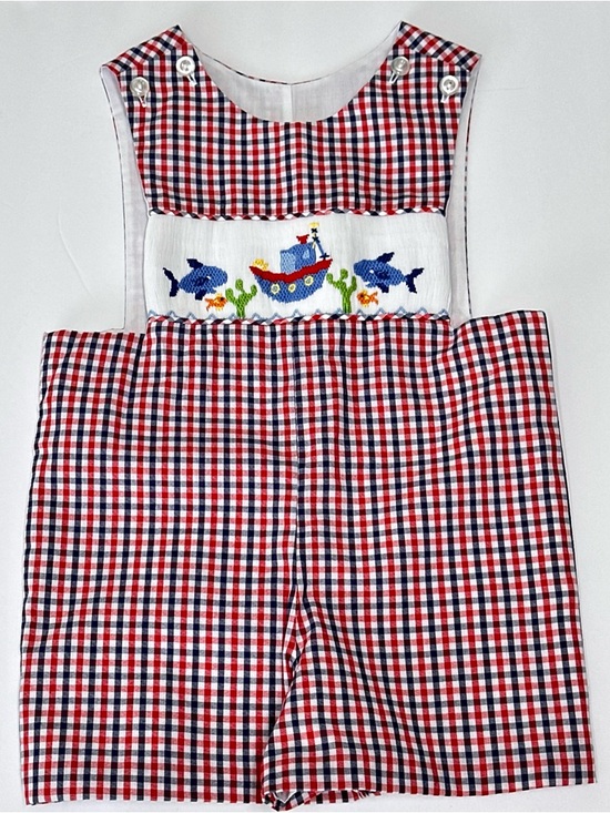 Three Sisters Other - Three Sisters Boys 9M Smocked Red White & Blue Check Shortall Romper Boat Fish